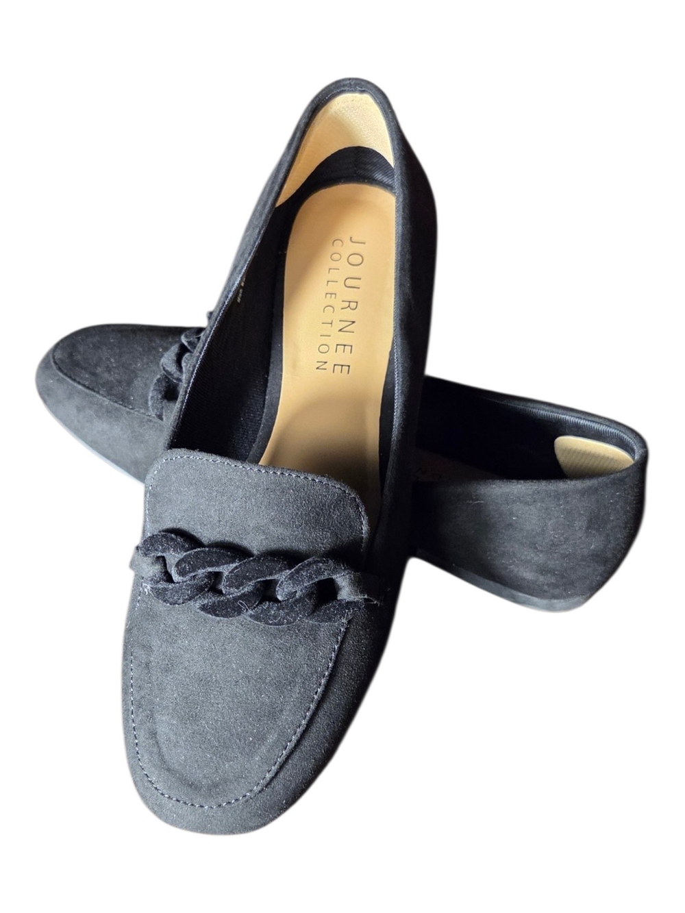 Journee Collection Black Suede Chain-Trim Loafers